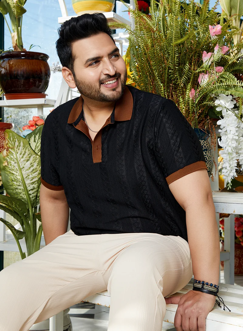 Instafab Plus Men's Sienna Brown Arc-Tactile Polo T-Shirt For Casual Wear | Polo Neck | Short Regular Sleeves | Half-Button Closure | Plus Size T-Shirt Crafted With Comfort Fit For Everyday Wear