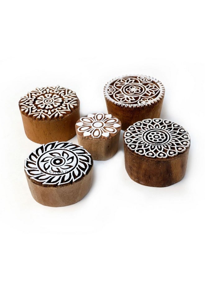 Hashcart Hashcart | Set of 5 | Wooden Handcarved Round Floral Design Wooden Block Stamps for Printing Fabric Saree Border, Fabric, Textile, Paper, Clay, Pottery, Block Printing Stamps  - Image 1
