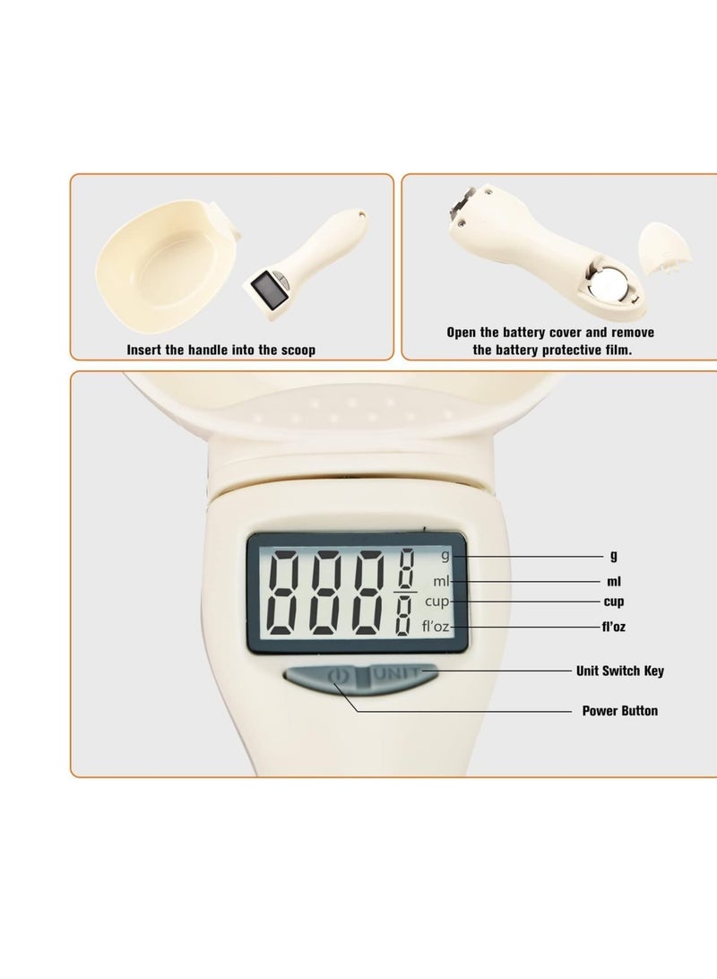 Digital Pet Food Scoop and Kitchen Scale 500 g - Detachable Measuring Spoon with LCD Display, 0.1 g Steps and 5 Units g ml cup fl oz oz, 23 cm Long with 9.3 cm Scoop for Dogs, Cats and Baking, White - Image 3