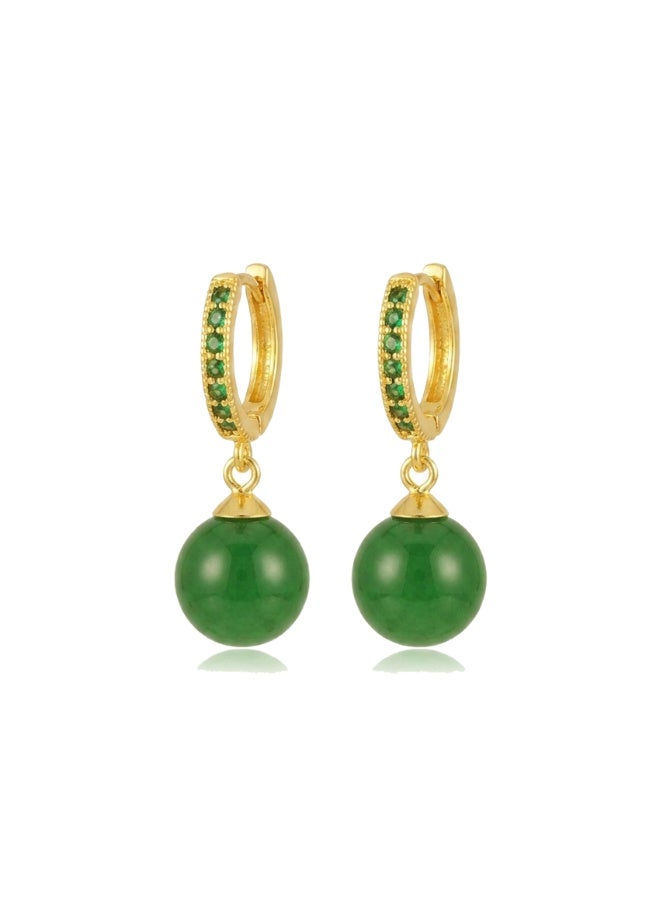 Julia Store 18K Gold Plated Metal Aesthetic Exquisite Luxury Elegant Dainty Cute Trendy Delicate Modern Natural Green Jade Inlaid Green Cubic Zirconia Hoop Drop Dangle Huggies Earrings Jewelry Gift For Women - Image 1