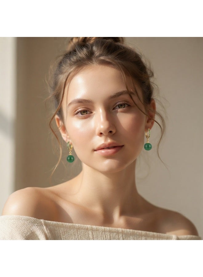 Julia Store 18K Gold Plated Metal Aesthetic Exquisite Luxury Elegant Dainty Cute Trendy Delicate Modern Natural Green Jade Inlaid Green Cubic Zirconia Hoop Drop Dangle Huggies Earrings Jewelry Gift For Women - Image 3