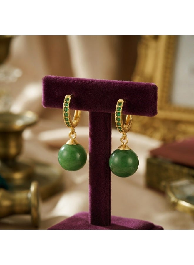 Julia Store 18K Gold Plated Metal Aesthetic Exquisite Luxury Elegant Dainty Cute Trendy Delicate Modern Natural Green Jade Inlaid Green Cubic Zirconia Hoop Drop Dangle Huggies Earrings Jewelry Gift For Women - Image 2