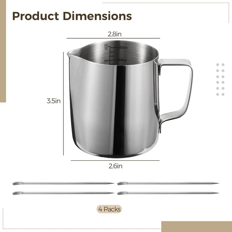 Espresso Milk Frothing Pitcher, Four Pieces Stainless Steel Steaming with Measurement Marks, Latte Art Cup with Frothing Needle for Art Chocolate Latte Cappuccino Hot - Image 4