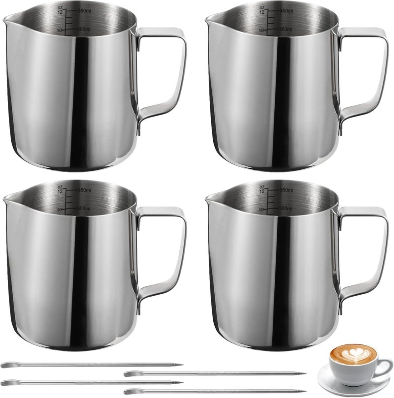 Espresso Milk Frothing Pitcher, Four Pieces Stainless Steel Steaming with Measurement Marks, Latte Art Cup with Frothing Needle for Art Chocolate Latte Cappuccino Hot - Image 1