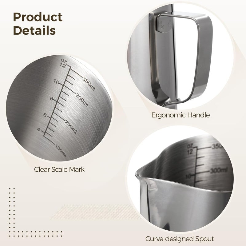 Espresso Milk Frothing Pitcher, Four Pieces Stainless Steel Steaming with Measurement Marks, Latte Art Cup with Frothing Needle for Art Chocolate Latte Cappuccino Hot - Image 3