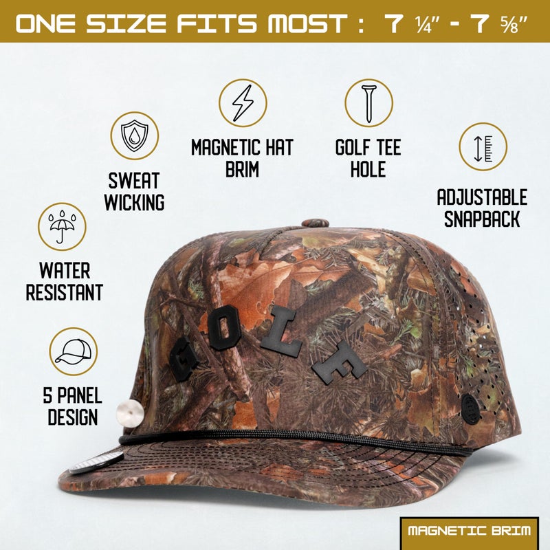 BRIMZ Golf Performance Hat - Breathable Sweat & Water Resistant Golfing Snapback Cap with Tee Holder & Magnetic Brim - Double Sided Ball Marker & Tee Included (Camo - Golf) - Image 2