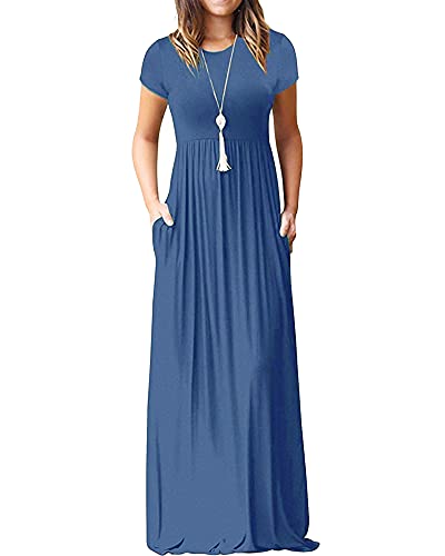 AUSELILY Women's Short Sleeve Loose Plain Casual Long Maxi Dresses for Women 2025 Beja Blue L - Image 5