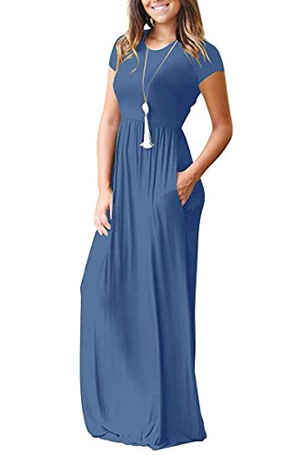 AUSELILY Women's Short Sleeve Loose Plain Casual Long Maxi Dresses for Women 2025 Beja Blue L - Image 2