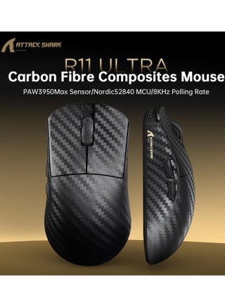 ماوس ألعاب لاسلكي R11 Ultra 8K من ألياف الكربون مع مستشعر 42000 نقطة في البوصة - PAW3950 MAX - خفيف الوزن 49 جرامًا، شريحة MCU Nordic 52840، سلكي/بلوتوث/2.4 جيجاهرتز قابل للبرمجة، كابل RGB ملفوف للكمبيوتر الشخصي (موجة سوداء) - view 2