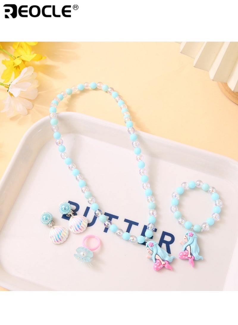 REOCLE 5PCS Kids' Mermaid-Themed Jewelry Set Necklace & Bracelet & Earrings Casual Daily Wear Playful Ocean-Themed Accessory Set - Image 3