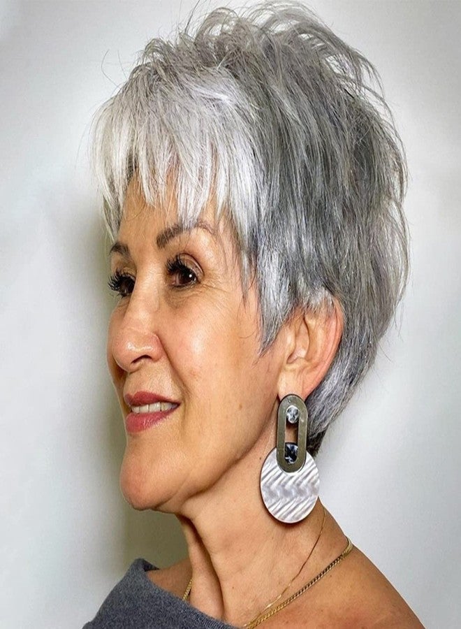 PHOCAS Short Curly Gray Pixie Wig with Bangs Layered Short Wigs For Women Daliy Cosplay Synthetic Pixie Cut Wigs - Image 1