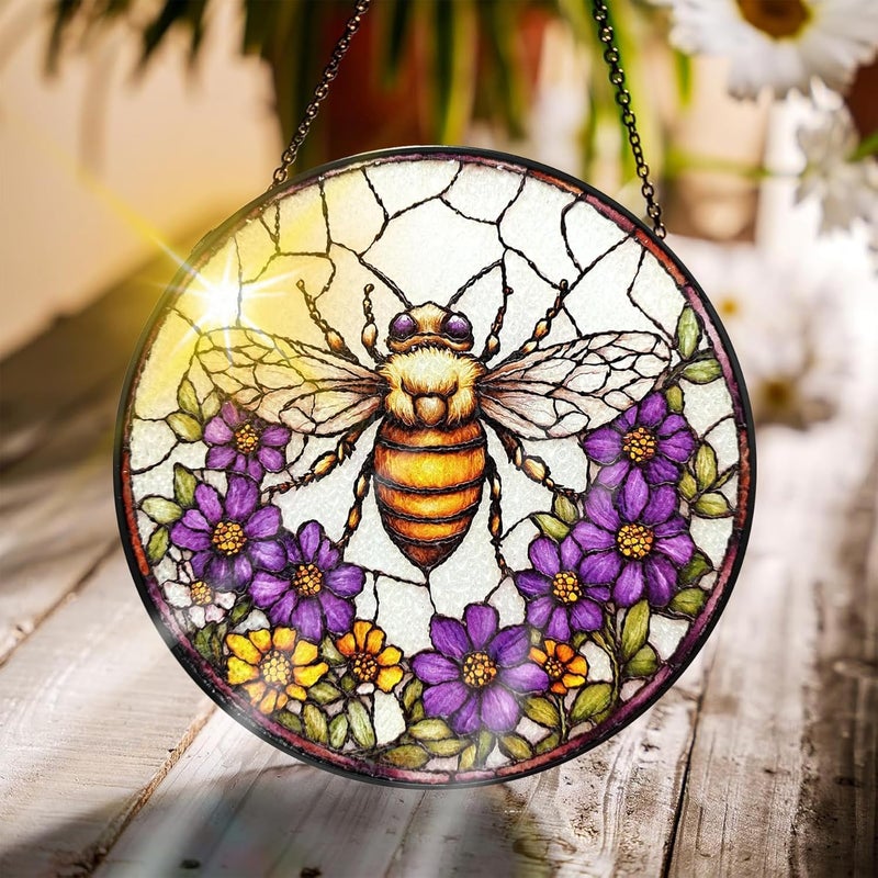 Bimkole معلاق نافذة من الزجاج المعشق على شكل نحلة من بيمكول - تصميم زهور لتزيين النوافذ أو المداخل الداخلية - مقاس 7.87 × 7.87 بوصة مع سلسلة وخطاف - هدية ديكور منزلية فريدة - Image 5