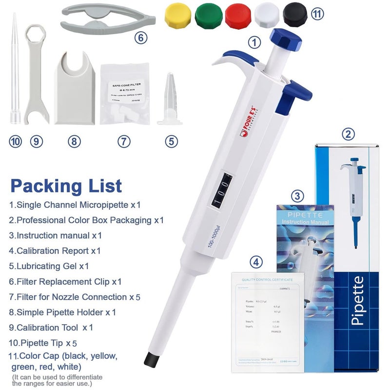 FOUR E'S SCIENTIFIC 100uL-1000uL High-Accurate Single-Channel Manual Adjustable Variable Volume Pipettes - Image 5