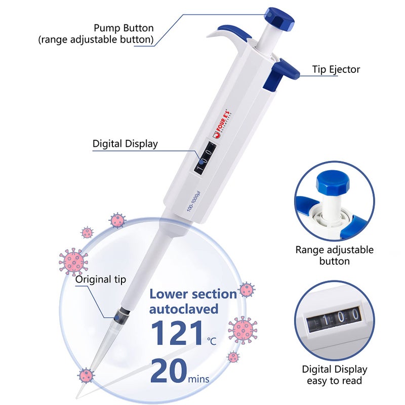 FOUR E'S SCIENTIFIC 100uL-1000uL High-Accurate Single-Channel Manual Adjustable Variable Volume Pipettes - Image 2