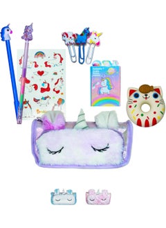 PEAKY KIDS PEAKY KIDS Unicorn Pencil Case for Girls, Multi-Slot Large Capacity Pouch for Girls with Fluffy Pen, Gel Pen, Eraser, Stickers, & Tattoos, Giftable Pencil Case Girls with Unicorn Theme - Fuzzy Pink  - Image 1