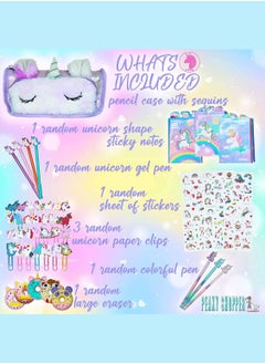 PEAKY KIDS PEAKY KIDS Unicorn Pencil Case for Girls, Multi-Slot Large Capacity Pouch for Girls with Fluffy Pen, Gel Pen, Eraser, Stickers, & Tattoos, Giftable Pencil Case Girls with Unicorn Theme - Fuzzy Pink  - Image 2