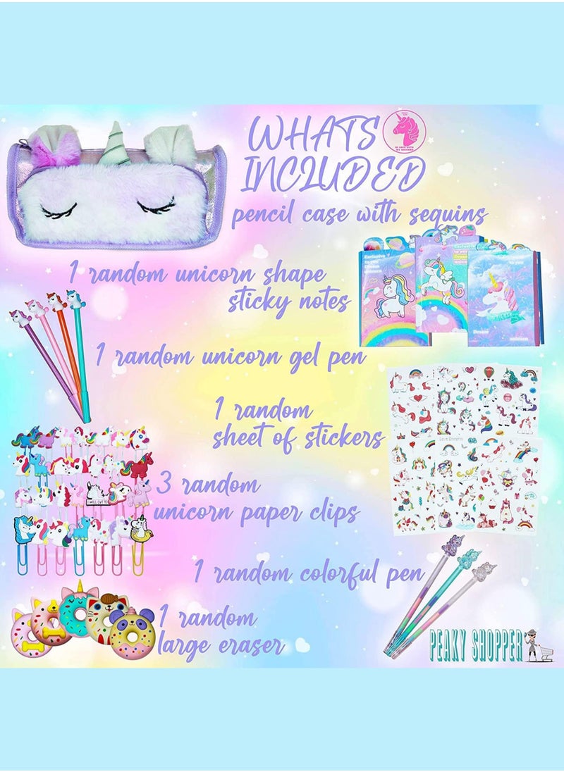 PEAKY KIDS PEAKY KIDS Unicorn Pencil Case for Girls, Multi-Slot Large Capacity Pouch for Girls with Fluffy Pen, Gel Pen, Eraser, Stickers, & Tattoos, Giftable Pencil Case Girls with Unicorn Theme - Fuzzy Pink  - Image 2