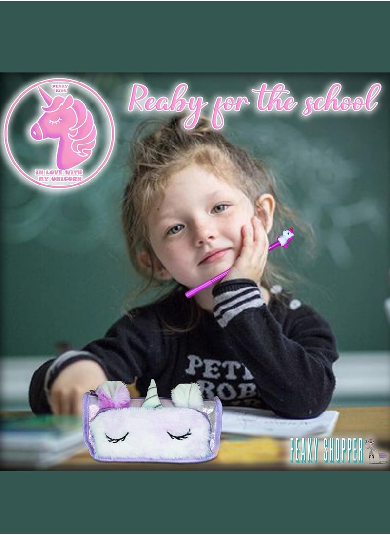 PEAKY KIDS PEAKY KIDS Unicorn Pencil Case for Girls, Multi-Slot Large Capacity Pouch for Girls with Fluffy Pen, Gel Pen, Eraser, Stickers, & Tattoos, Giftable Pencil Case Girls with Unicorn Theme - Fuzzy Pink  - Image 3