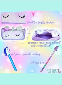 PEAKY KIDS PEAKY KIDS Unicorn Pencil Case for Girls, Multi-Slot Large Capacity Pouch for Girls with Fluffy Pen, Gel Pen, Eraser, Stickers, & Tattoos, Giftable Pencil Case Girls with Unicorn Theme - Fuzzy Pink  - Image 4
