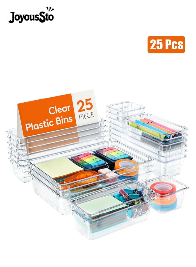 متجر الفرح مجموعة منظمات أدراج بلاستيكية شفافة مكونة من 25 قطعة، 4 أحجام متعددة لتخزين مستحضرات التجميل، وصناديق تخزين للمكياج، وغرفة النوم، وأدوات المطبخ، والأواني، والمكتب - Image 1