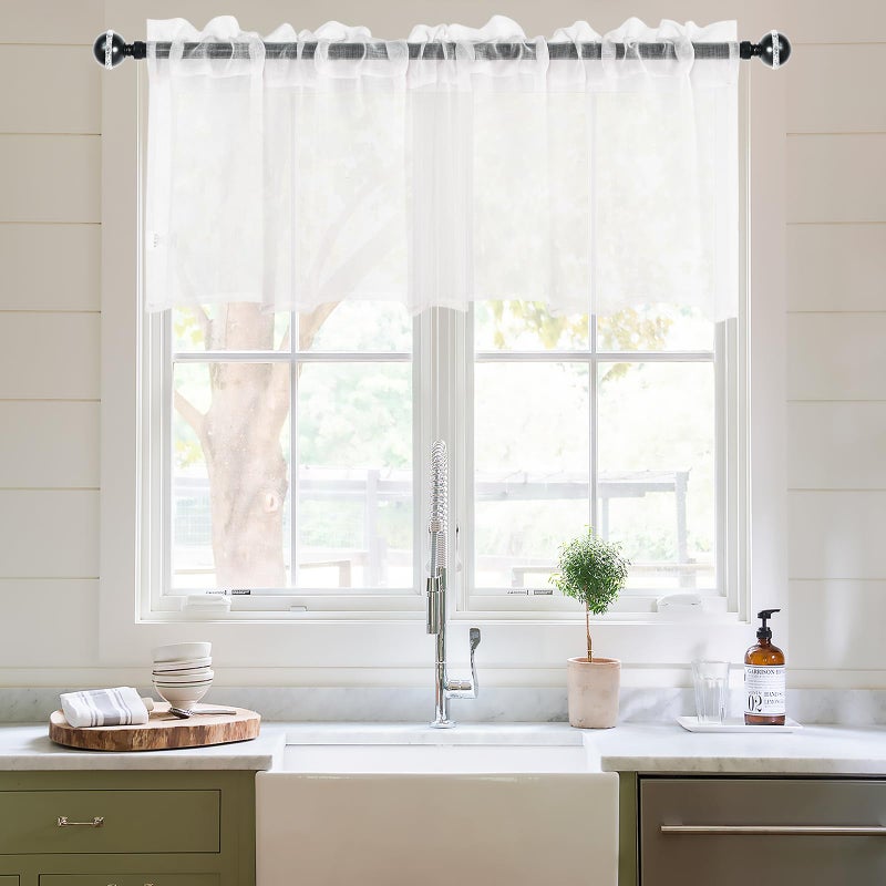 DWCN Valance for Small Window, Sheer Valance for Cafe, Bathroom, Rod Pocket Voile Short Sheer Curtains, 1 Panel, 52W x 18L Inch, White - Image 1