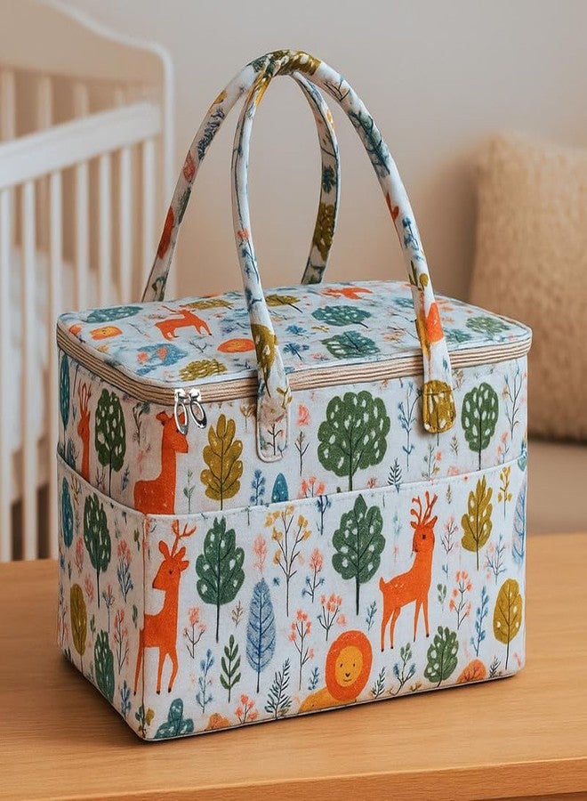 MetDeals Printed Felt Baby Diaper Caddy Bag with Zip Cover & Handle with Removable Divider | Baby Essentials Organizer for Diapers,Wipes,Toy,Clothes(Multicolor - 18X12X9 Inch)