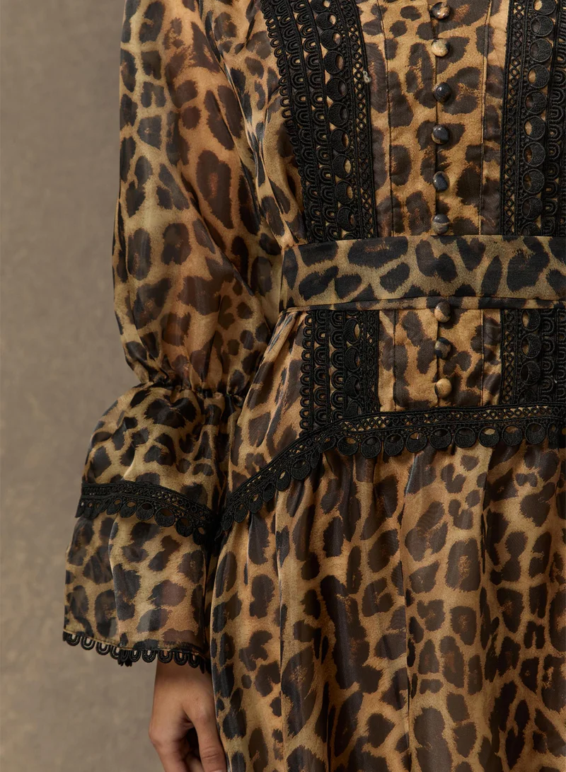 Sunfere  Exotic Appeal Brown Leopard Print Lace Trim Maxi Dress for Women | Best Price UAE