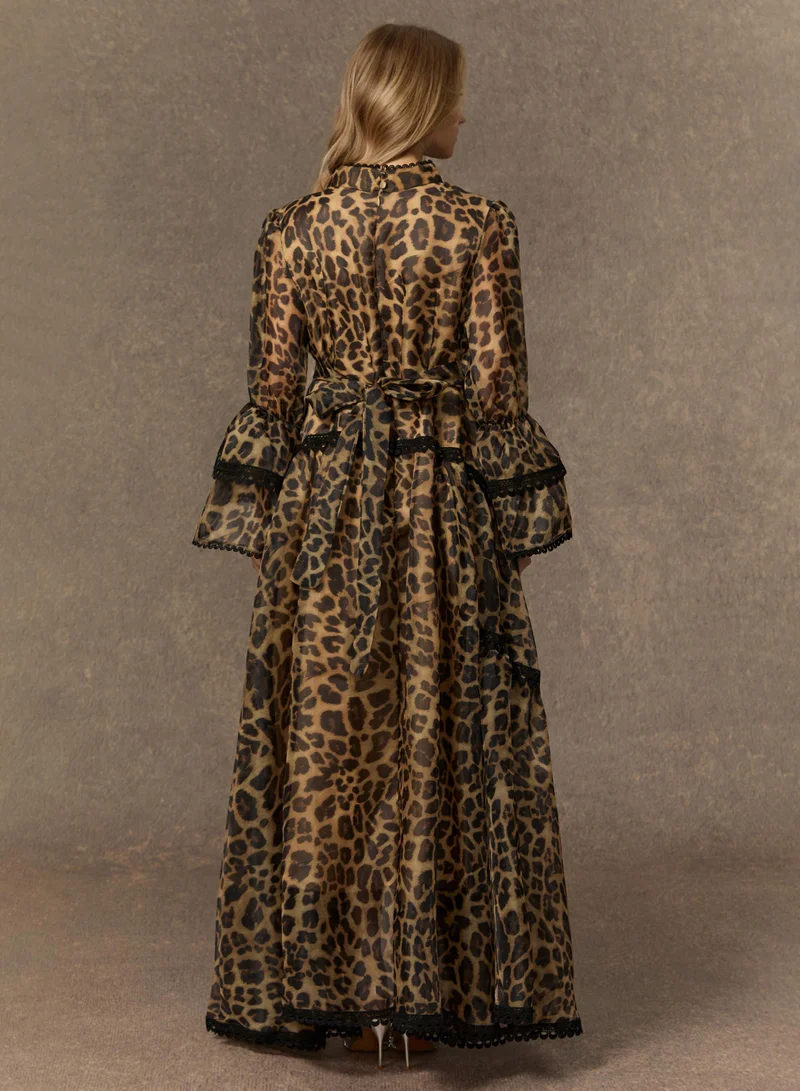 Sunfere  Exotic Appeal Brown Leopard Print Lace Trim Maxi Dress for Women | Best Price UAE