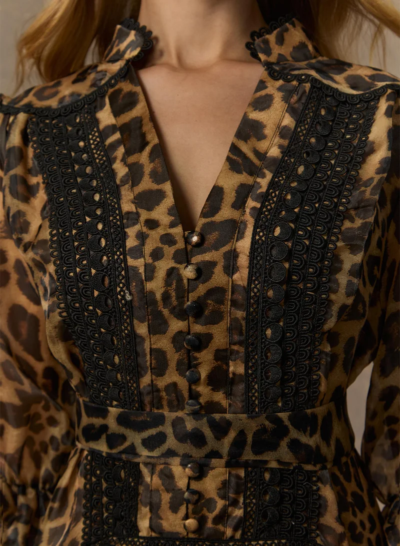 Sunfere  Exotic Appeal Brown Leopard Print Lace Trim Maxi Dress for Women | Best Price UAE