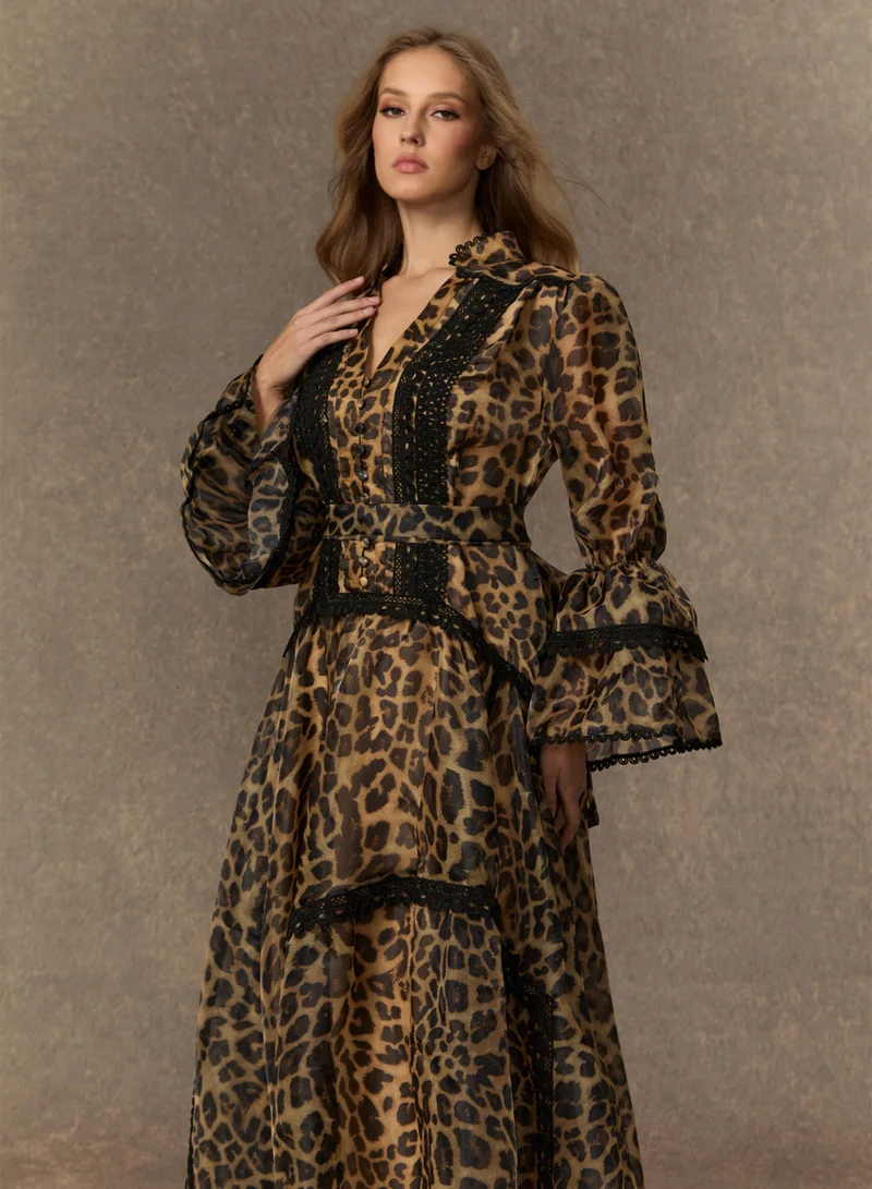 Sunfere  Exotic Appeal Brown Leopard Print Lace Trim Maxi Dress for Women | Best Price UAE