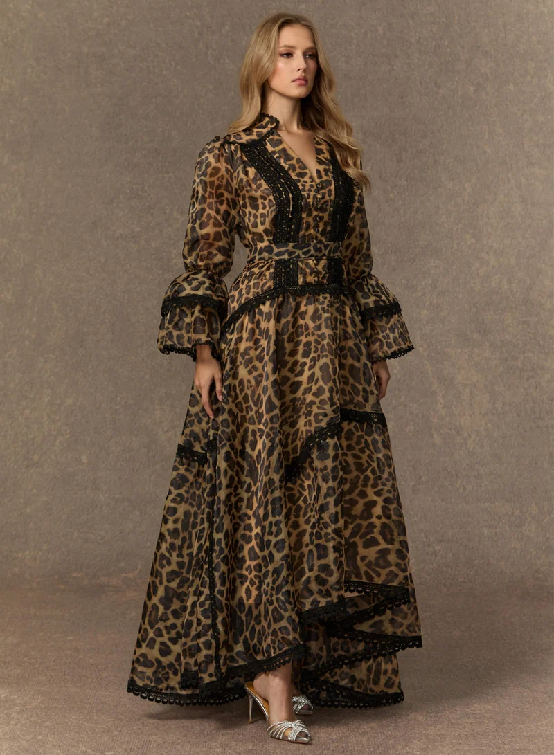 سنفير Exotic Appeal Brown Leopard Print Lace Trim Maxi Dress