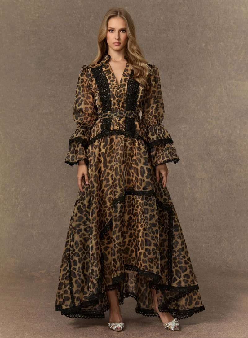 سنفير Exotic Appeal Brown Leopard Print Lace Trim Maxi Dress