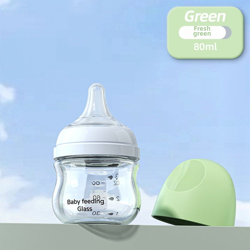 Noon Glass Bottle Newborn Baby Wide Diameter Anti-Flatulence Anti-Choking Newborn Baby Bottle Manufacturer Ready Stock(N-0014-80mL light green) - Image 1
