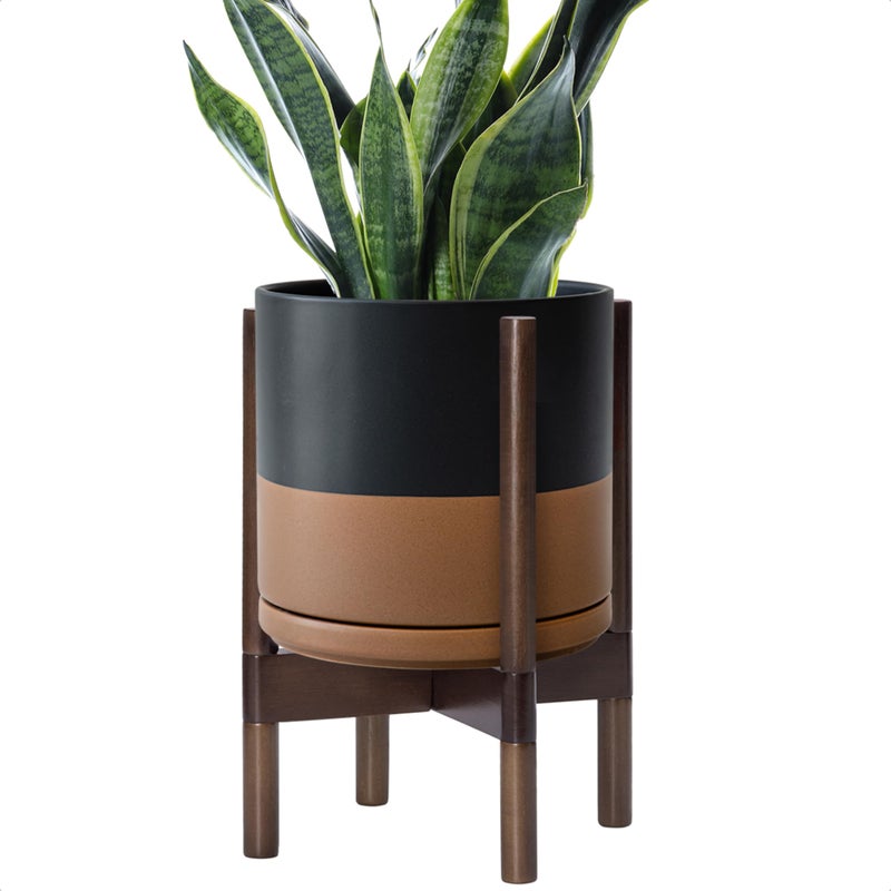 D'vine Dev Ceramic Planter with Walnut Color Stand - 10 Inch Modern Round Flower Pot with Wood Planter Holder, Black/Speckled Tan, 55-B-X-7 - Image 1