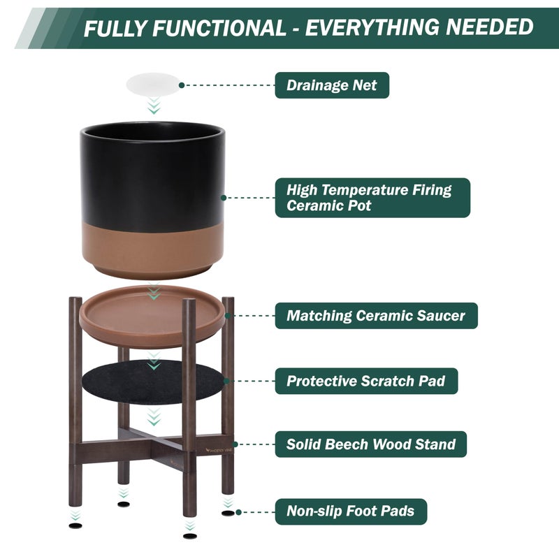 D'vine Dev Ceramic Planter with Walnut Color Stand - 10 Inch Modern Round Flower Pot with Wood Planter Holder, Black/Speckled Tan, 55-B-X-7 - Image 5