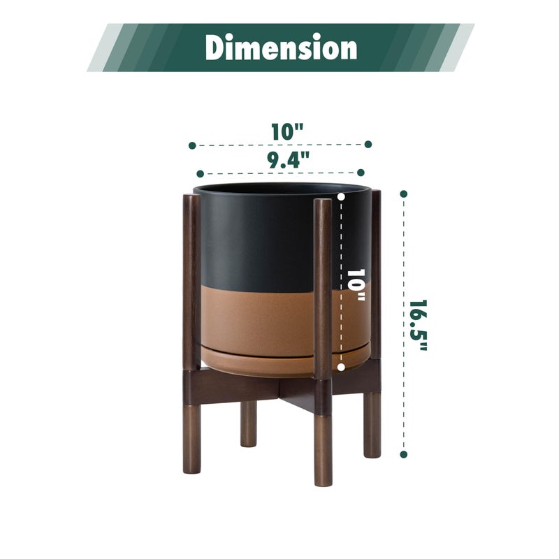 D'vine Dev Ceramic Planter with Walnut Color Stand - 10 Inch Modern Round Flower Pot with Wood Planter Holder, Black/Speckled Tan, 55-B-X-7 - Image 3