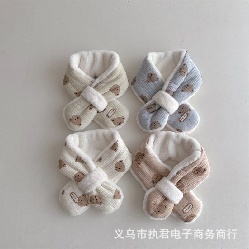 Korean Style Baby Bear Scarf Wrinkle Cotton Stitching Plush Fleece-Lined Boys And Girls Baby Windproof Out Cold-Proof Children'S Scarf - Image 5