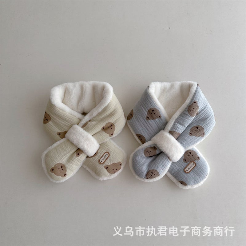 Korean Style Baby Bear Scarf Wrinkle Cotton Stitching Plush Fleece-Lined Boys And Girls Baby Windproof Out Cold-Proof Children'S Scarf - Image 4