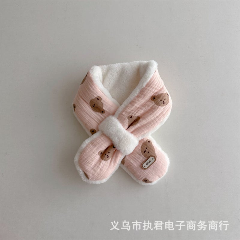 Korean Style Baby Bear Scarf Wrinkle Cotton Stitching Plush Fleece-Lined Boys And Girls Baby Windproof Out Cold-Proof Children'S Scarf - Image 1