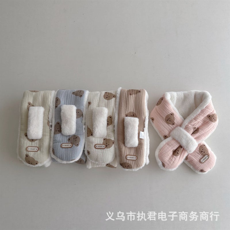 Korean Style Baby Bear Scarf Wrinkle Cotton Stitching Plush Fleece-Lined Boys And Girls Baby Windproof Out Cold-Proof Children'S Scarf - Image 3