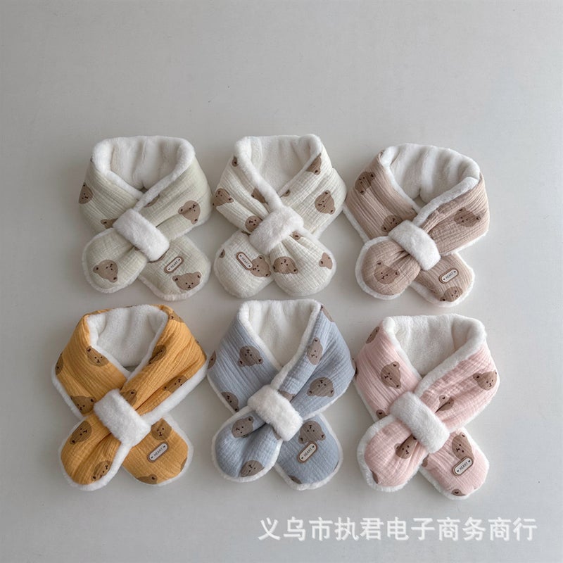 Korean Style Baby Bear Scarf Wrinkle Cotton Stitching Plush Fleece-Lined Boys And Girls Baby Windproof Out Cold-Proof Children'S Scarf - Image 2