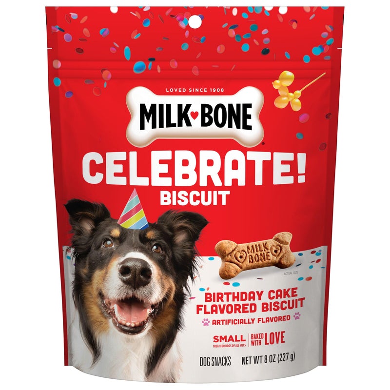 Milk-Bone Celebrate Birthday Cake Artificially Flavored Biscuits, Small Dog Treats, 8 oz. Bag - Image 1