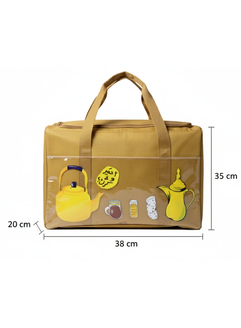 GO2CAMPS Heavy Duty Thermal Insulated Cooler Box for Cool & Hot Products Store | Cawa Dalla Carry Bag or Picnic Bag for Camping Accessories | Multi-Compartment Thermal Storage Bag for Tea, Kettle and Food – 38x35x20 cm – Kaki Color Picnic & Travel Cooler Box for Arabic Coffee, Tea & Cups – Ideal for Desert, Majlis, and Long Trips– Arabic Traditional Design | Outdoor Travel Thermal Insulation Bag, Food Refrigeration Cooler Bag, Beverage Storage Ice Pack, Picnic Basket，Lunch Bag，Camping Storage Shoulder Bag Storage Box, Thickened EVA Material, Waterproof, Leak Proof, Dirt Resistant, Durable, Mold Resistant, Antibacterial, Foldable and Portable, suitable for Home Storage and Outdoor Activities such as Hiking, Camping, Picnicking, Family Outings, etc. It can be used to keep food fresh and beverages stored in short-term refrigeration, khaki - Image 2