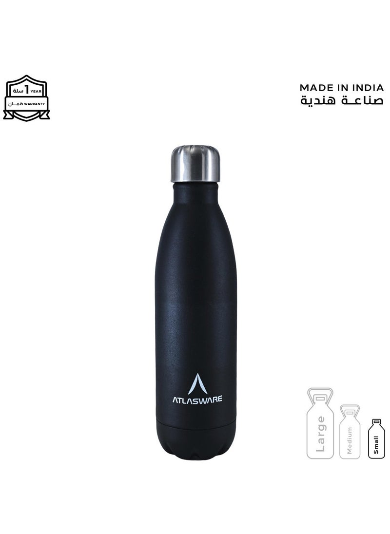 Atlasware - Water Bottle with a Capacity of 500 ml, Stainless Steel Water Bottle that keeps Cold for 37 Hours and Keeps Heat for 16 Hours, Black - Image 1
