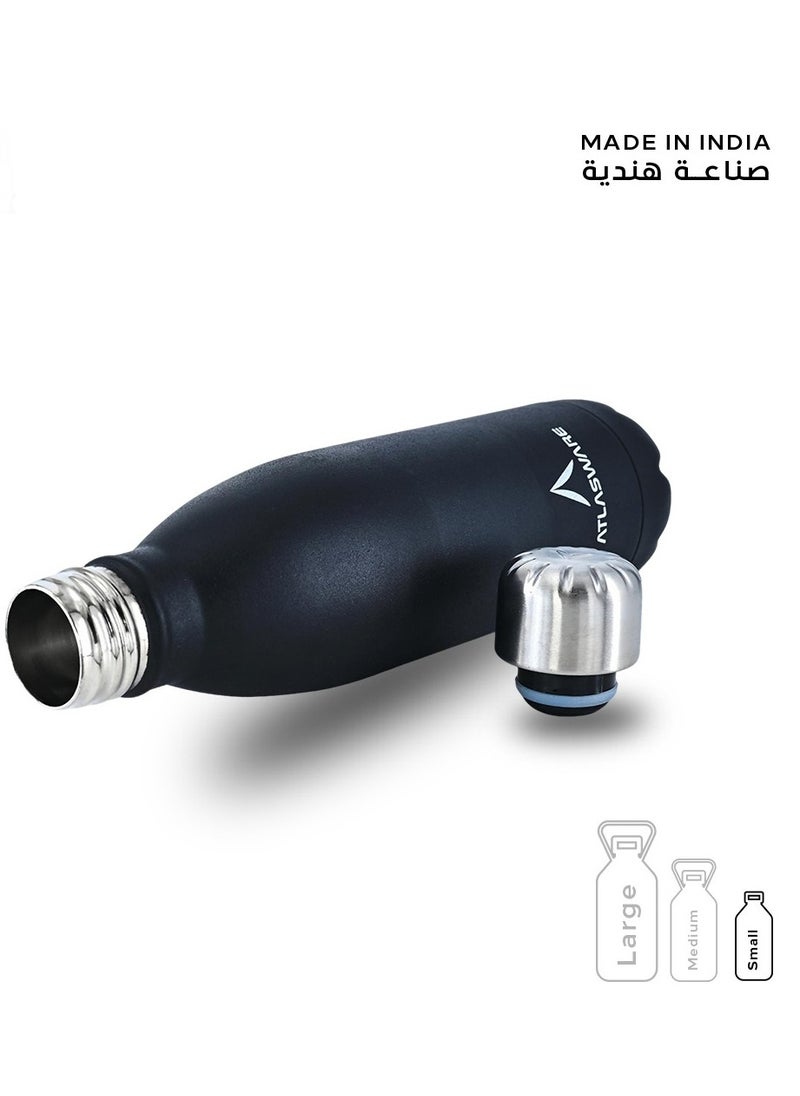 Atlasware - Water Bottle with a Capacity of 500 ml, Stainless Steel Water Bottle that keeps Cold for 37 Hours and Keeps Heat for 16 Hours, Black - Image 1