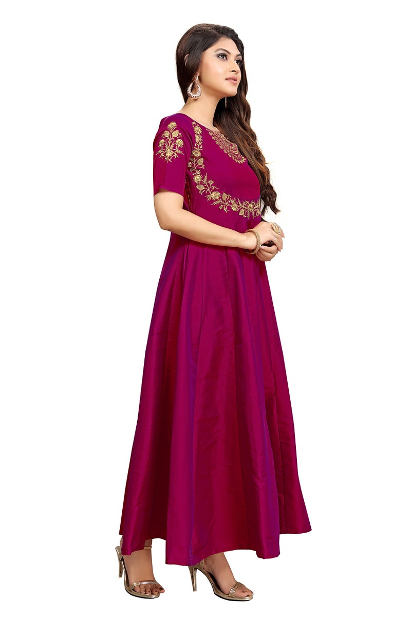 TRENDMALLS Women's Leeva Silk Embroidery Regular Fit Anarkali Kurti Claf-Long Short Sleeve Kurti for Woman(R03-Purple-Medium) - Image 3