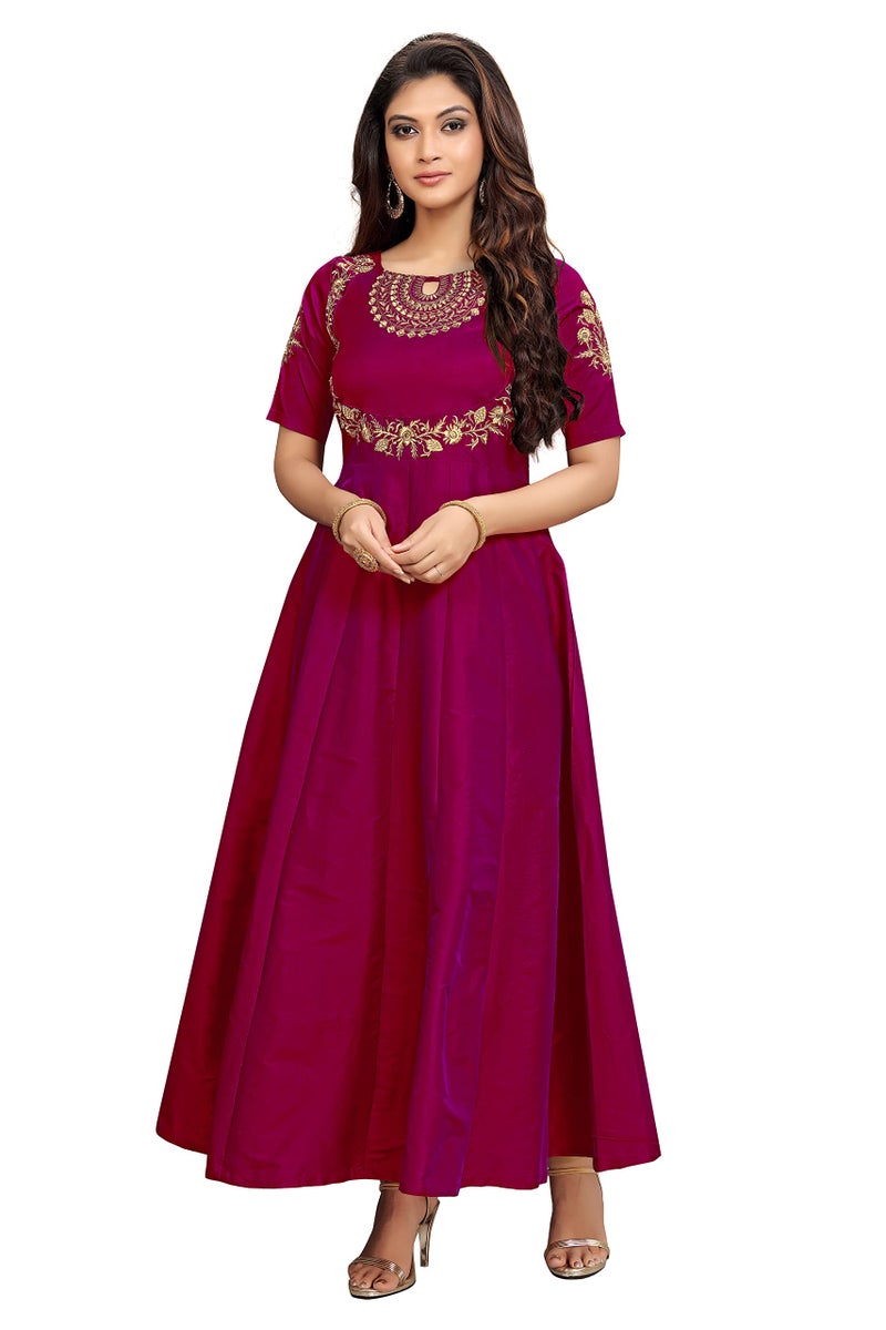 TRENDMALLS Women's Leeva Silk Embroidery Regular Fit Anarkali Kurti Claf-Long Short Sleeve Kurti for Woman(R03-Purple-Medium) - Image 1