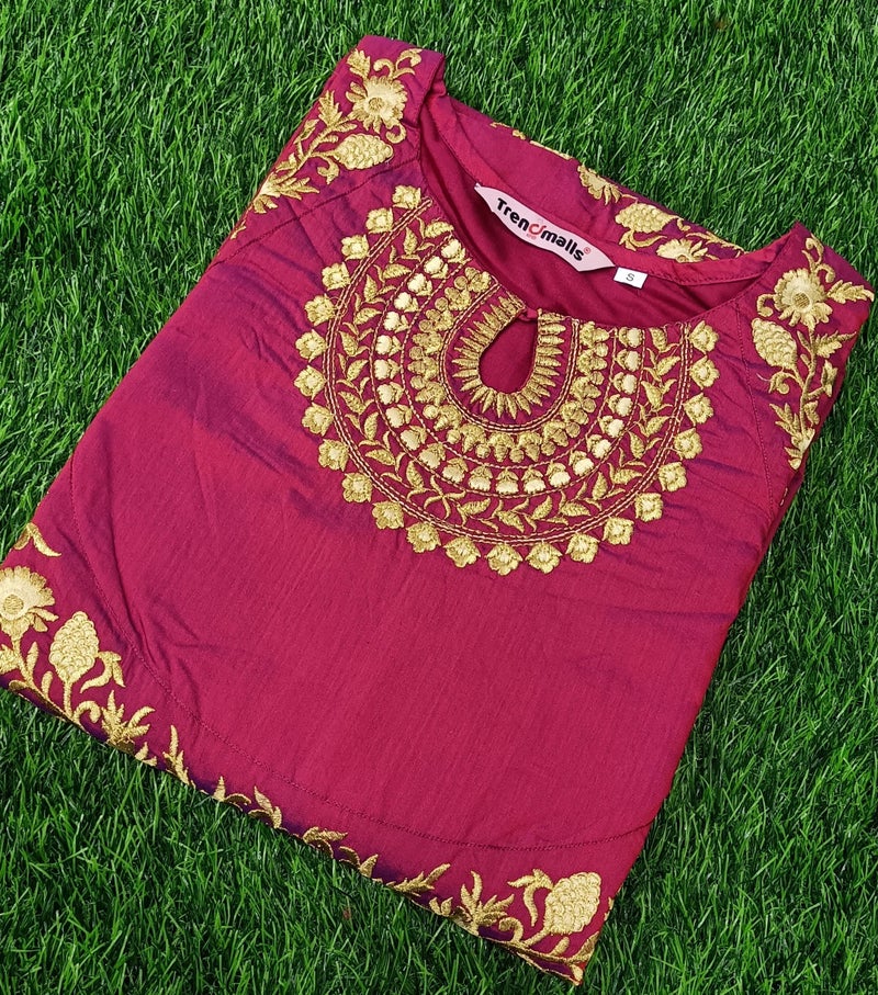 TRENDMALLS Women's Leeva Silk Embroidery Regular Fit Anarkali Kurti Claf-Long Short Sleeve Kurti for Woman(R03-Purple-Medium) - Image 5