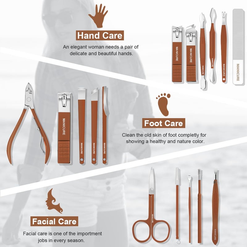 Leipple Manicure Set Professional Nail Clippers Pedicure Kit, 16 pcs Stainless Steel Nail Care Tools Grooming Kit with Luxurious Travel Leather Case for Thick Nails Men Women Gift (Brown) - Image 2