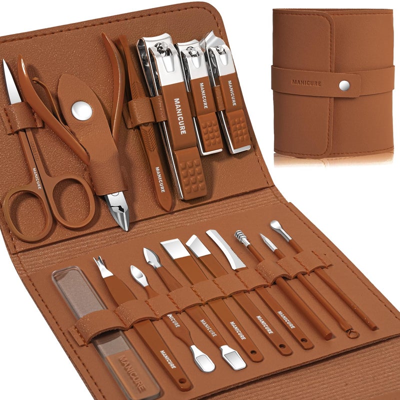 Leipple Manicure Set Professional Nail Clippers Pedicure Kit, 16 pcs Stainless Steel Nail Care Tools Grooming Kit with Luxurious Travel Leather Case for Thick Nails Men Women Gift (Brown) - Image 1